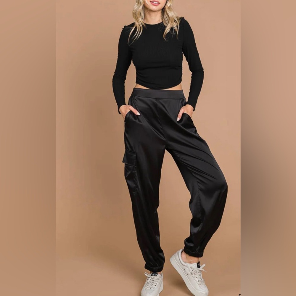 Black Satin Cargo Joggers